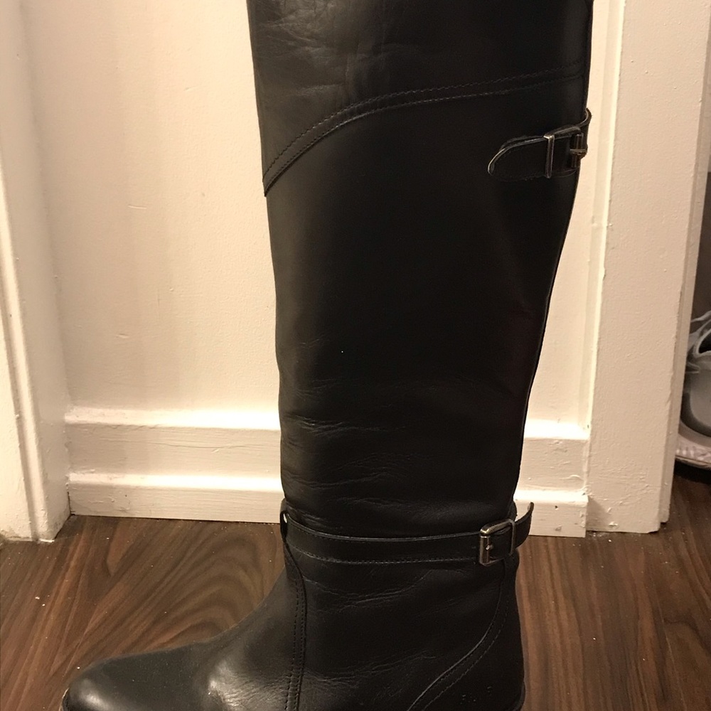 Frye knee-high, black, flat boots.